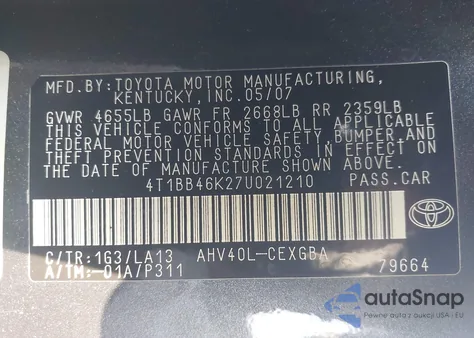 2007 Toyota Camry Hybrid из США, поврежденный, VIN 4T1BB46K27U021210